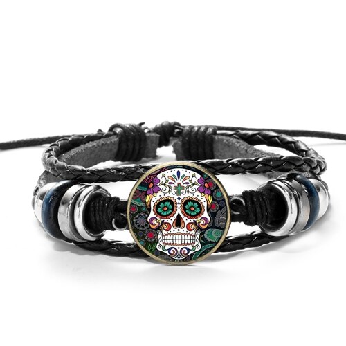 SIAN Sugar Skull Mexico Folk Art Patterns Bracelet Multilayer Braided PU Leather Bracelet Men Women Day of The Dead Special: Style 3