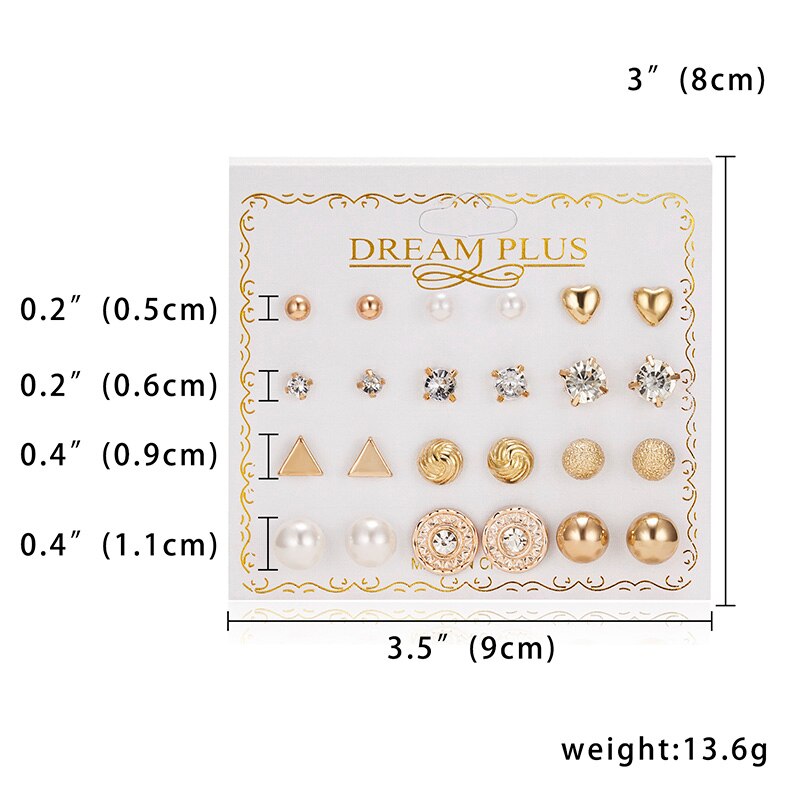 12 Pairs/set Classic Crystal Stud Earring Sets Women's Round Ball Metal Pearl Flower Earrings For Women Girl Mixed Jewelry: type 6