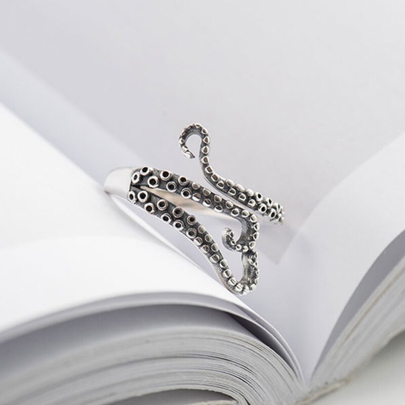 Anillo para mujeres de estilo Punk de Plata de Ley 925 ajustable, anillos únicos Unisex de pulpo, joyería Vintage para mujer