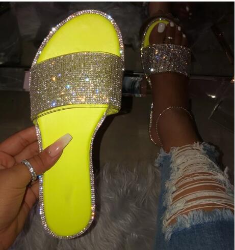 Summer Women Sandals Crystal Slippers Glitter Flat Bling Female Candy Color Flip Flops Outdoor Ladies Slides Beach Shoes: Yellow / 40