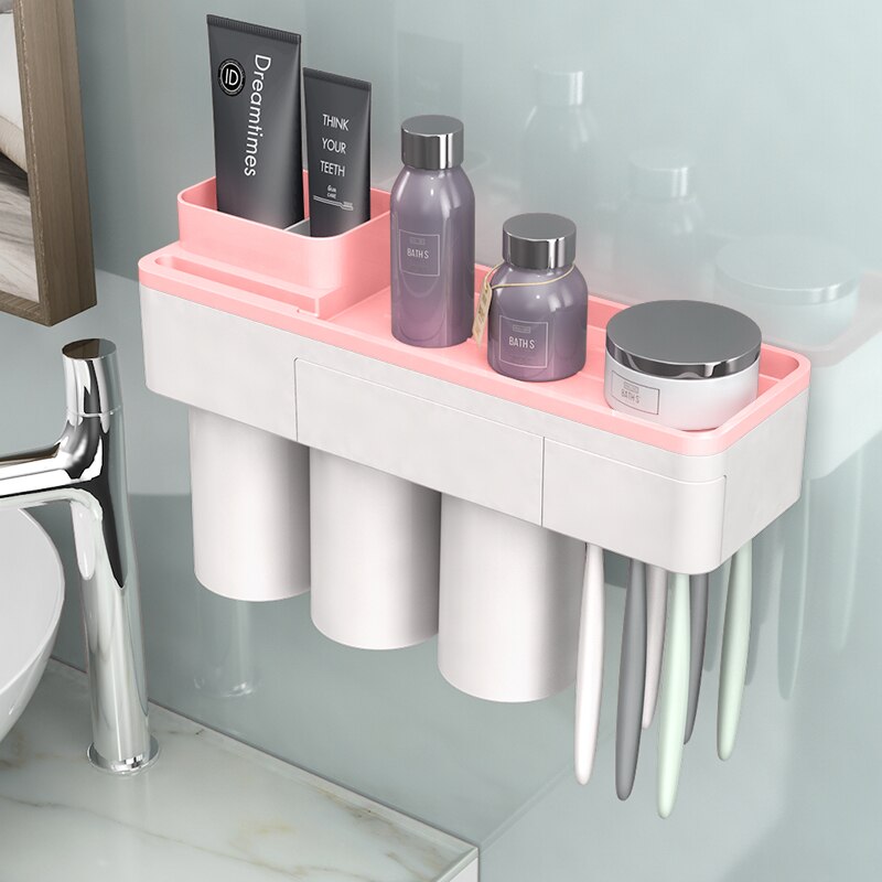 Badkamer Accessoires Tandenborstel Houder Set Tandpasta Organizer Tandenborstel Rack Wall Mount Magnetic Adsorptie Met Cup: Pink 3 Cups