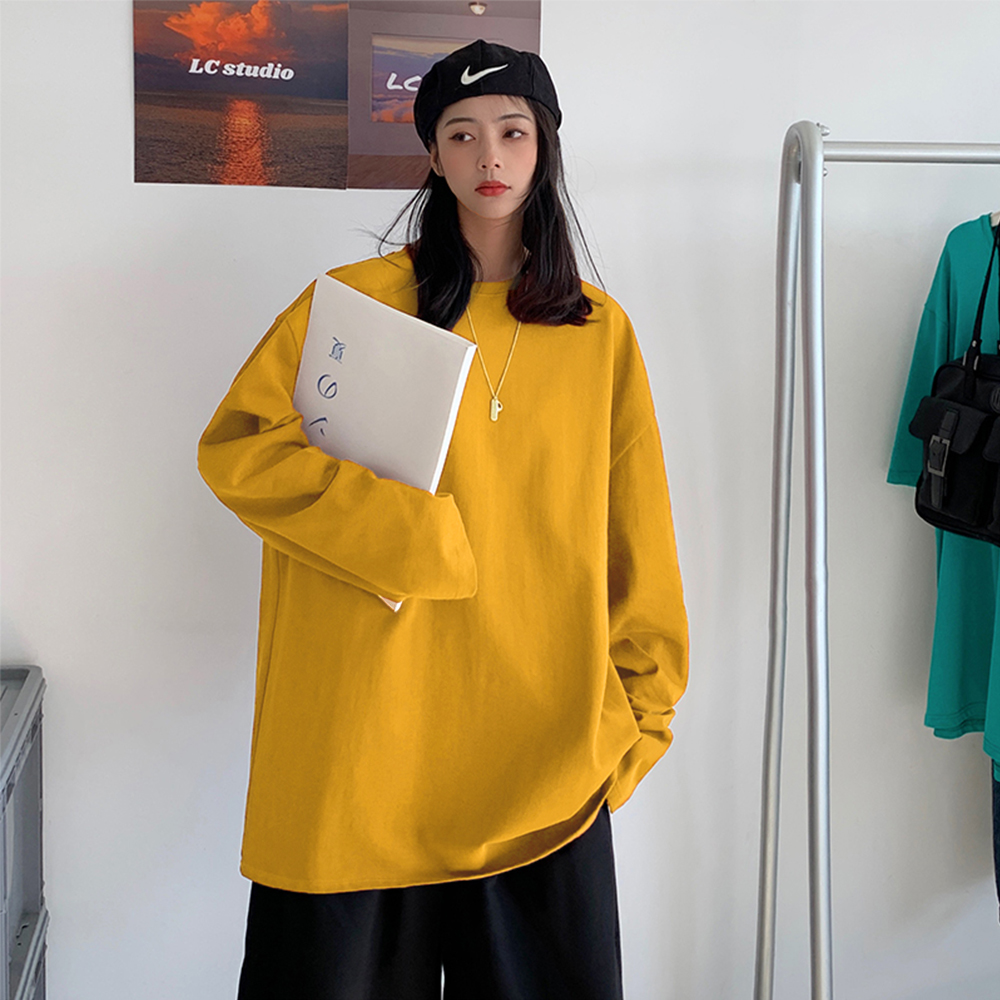 Nueva camiseta de manga larga de algodón para primavera, camiseta básica para mujer, camiseta de gran tamaño, camiseta informal con cuello redondo para mujer, talla estadounidense