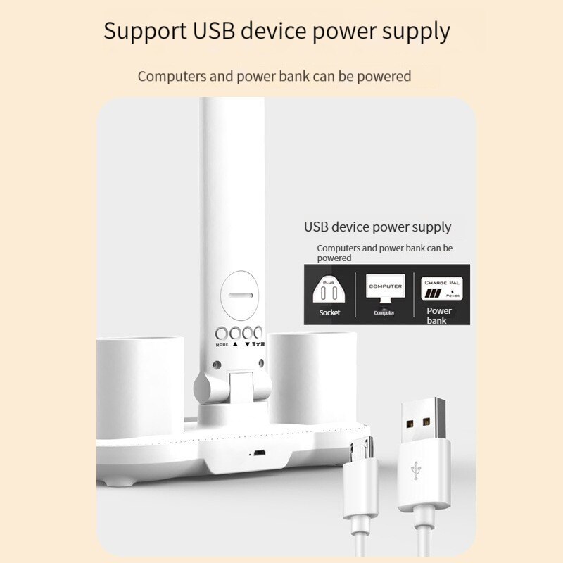 LED Relógio Desk Lamp, USB recarregável, Plug-In, Dimmable Desk Lamp, 180 Rotatable, dobrável proteção para os olhos, Leitura Night Light, 2 cabeças