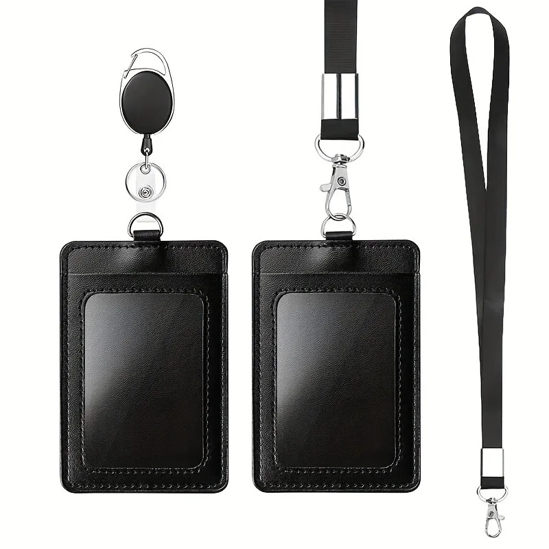 PU Leather Card Holders Set Women Men Student Retractable Badge Reel ID Card Holder Cover Case Nurse Badge Lanyards