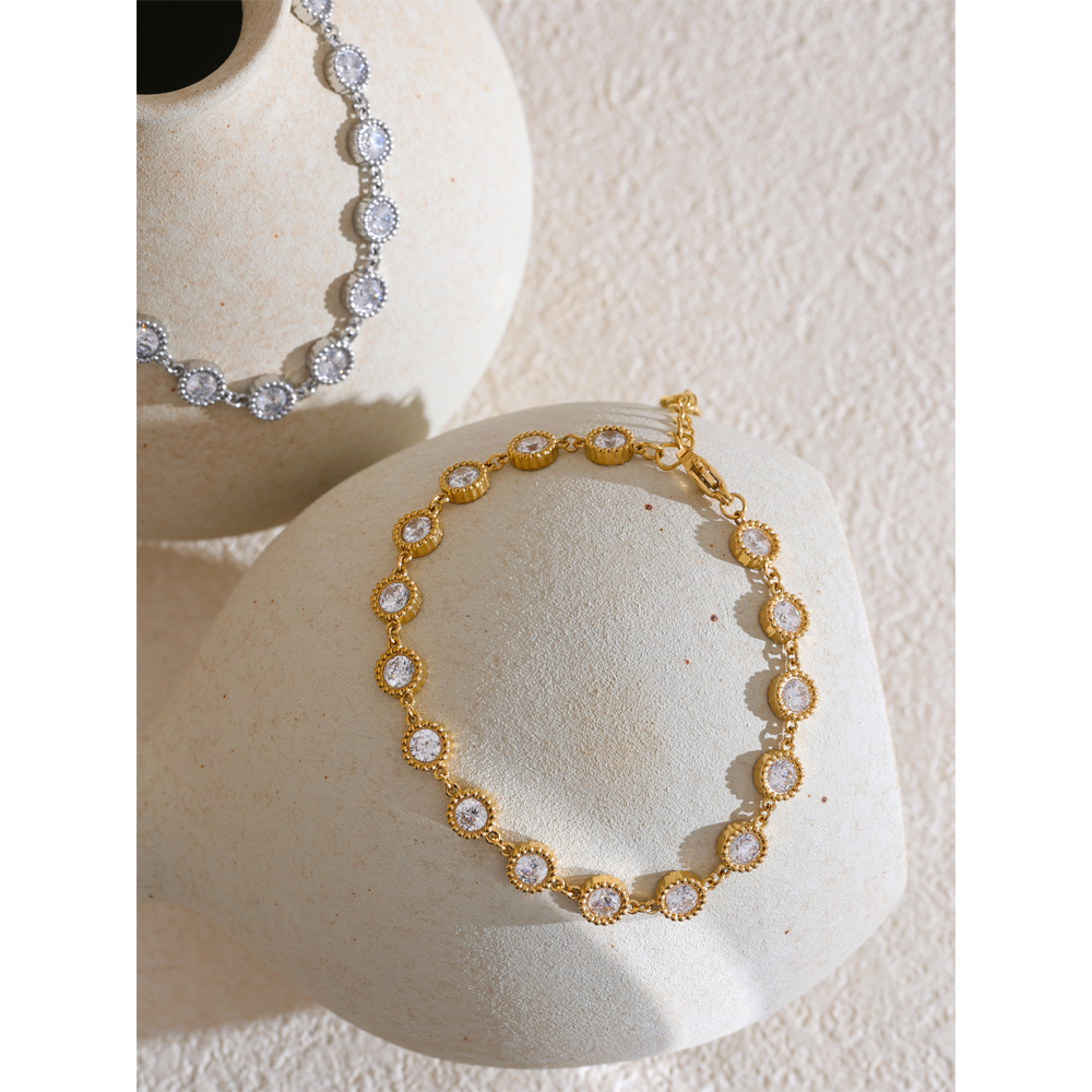 Yhpup delicate roestvrijstalen glanzende ronde ketting armband met zirkonia steentjes, armband oorbellen, temperamentvolle sieraden