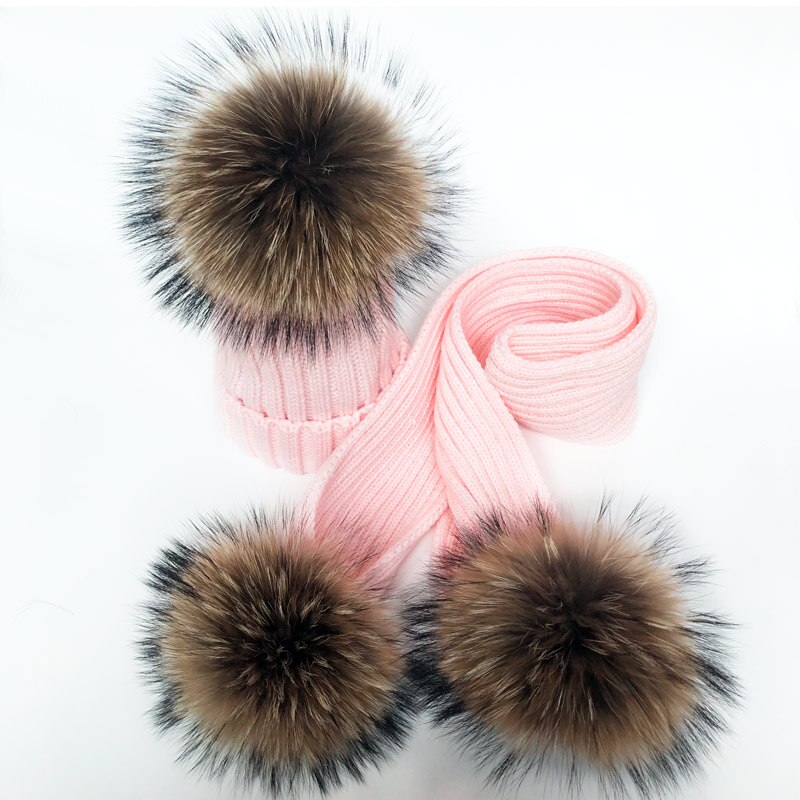 Ouder-kind Winter hoeden Schattige Baby bont Pompon Hoed Sjaal Sets Echte Natuurlijke Haarbal Caps Moeder Kinderen Warme Gebreide Hoeden Winter Bea