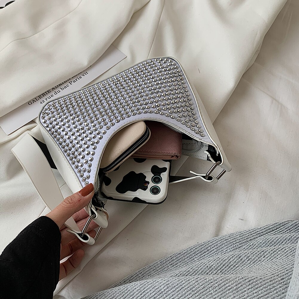 Women Rivet PU Leather Shoulder Bags Casual All-match Underarm Bags Ladies Small Hobos Handbags Mini Purse