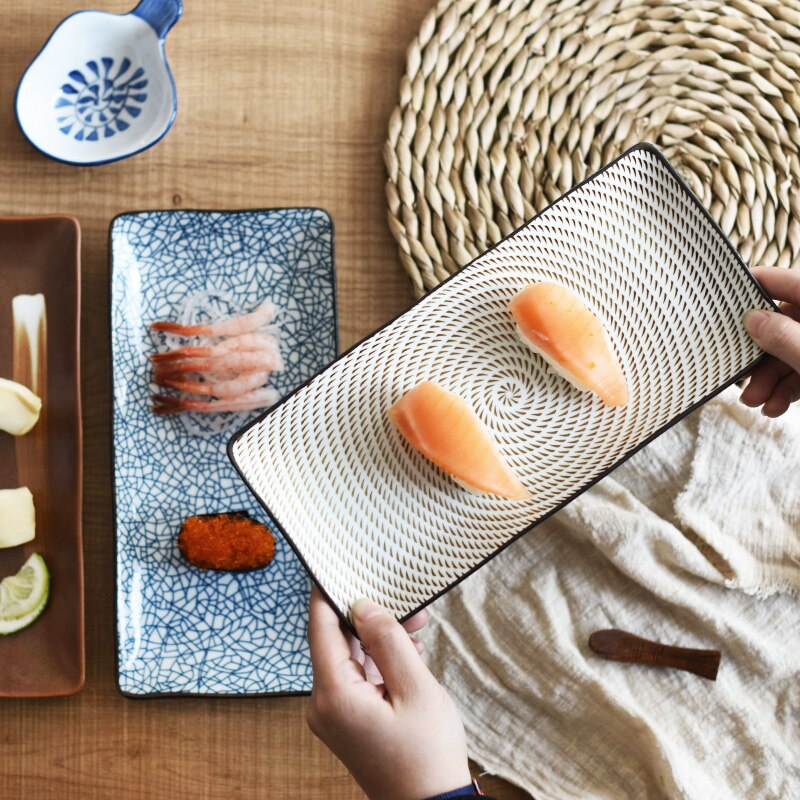 Japansk hengfeng blå og hvid keramisk lang sushi tallerken porcelæn fiskefad til bbq restaurant