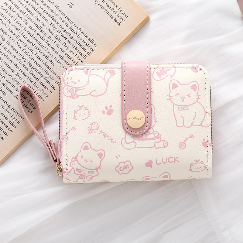 Minimalist Cute Cat Wallet Women Japanese Style Snap Closure Coin Pocket Hand Strap Multi-Function: black