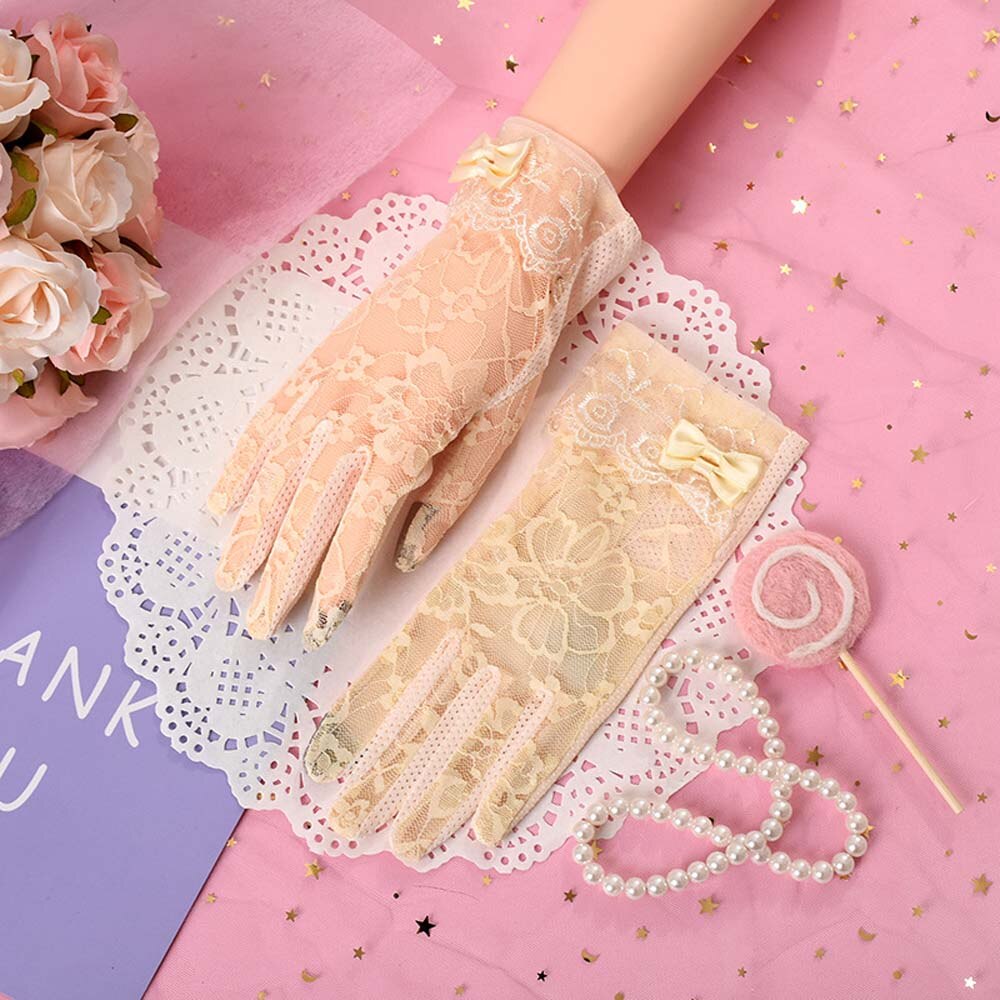 Lente Zomer Dames Antislip Lace Vinger Handschoenen Boog Touch Screen Zonnebrandcrème Handschoenen Geborduurd Full-Vinger Wanten Voor vrouwen