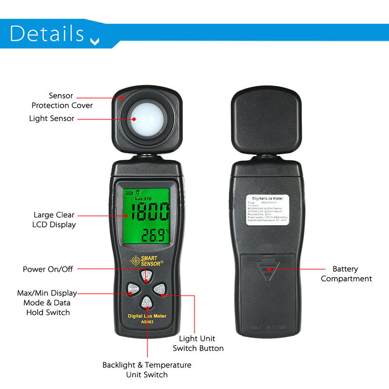 Medidor de luminosidad de luz Digital AS803 medidor de temperatura interior 200.000 Lux Luxmeter