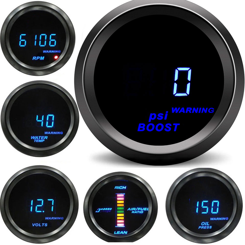 Auto Digital Manometer 52mm Turbo Schub PSI Bar Öl Druck Öl Wasser Temp Messgerät Voltmeter Tachometer RPM Meter Mit warnung Licht