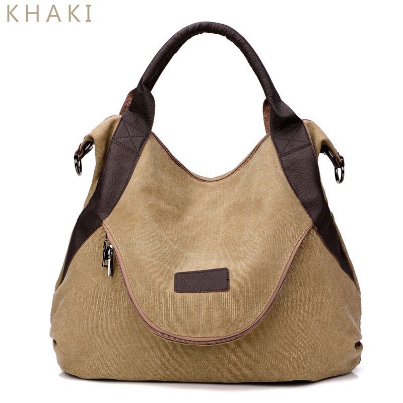 Kvky, bolso grande informal, bolso de mujer, bolso de hombro, bolsos de lona de cuero con capacidad para mujer,: Khaki-large