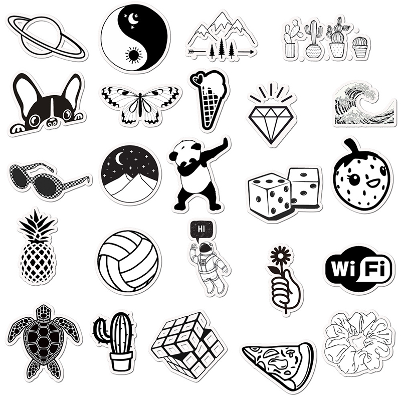 50pcs Black and White Cartoon Stickers Kids Luggage Notebook Laptop Sticker Skateboard Suitcase Decals For Computer Sticker