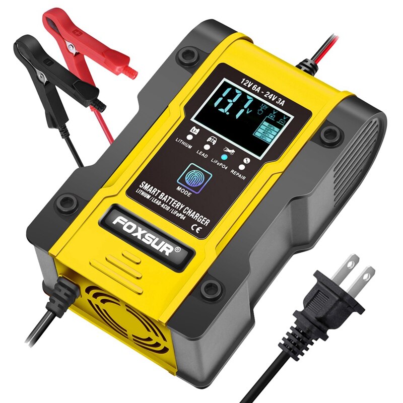 FOXSUR 12V/24V Car Battery Charger 6A 12.6V Lithium Battery Charger Smart Battery Charger for Motorcycle: Default Title