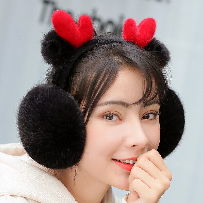 Ørebeskyttere kvinder tegneserie hjorte lodne harajuku kawaii koreansk stil folde varme kvinders øremuffe fritid all-match simple animal chic: Sort