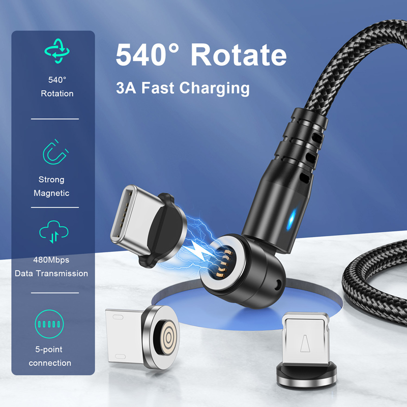 Câble magnétique rotatif 540 3A, charge rapide, Micro USB Type C, pour iPhone Xiaomi Huawei, chargeur magnétique, données de téléphone, cordon USB