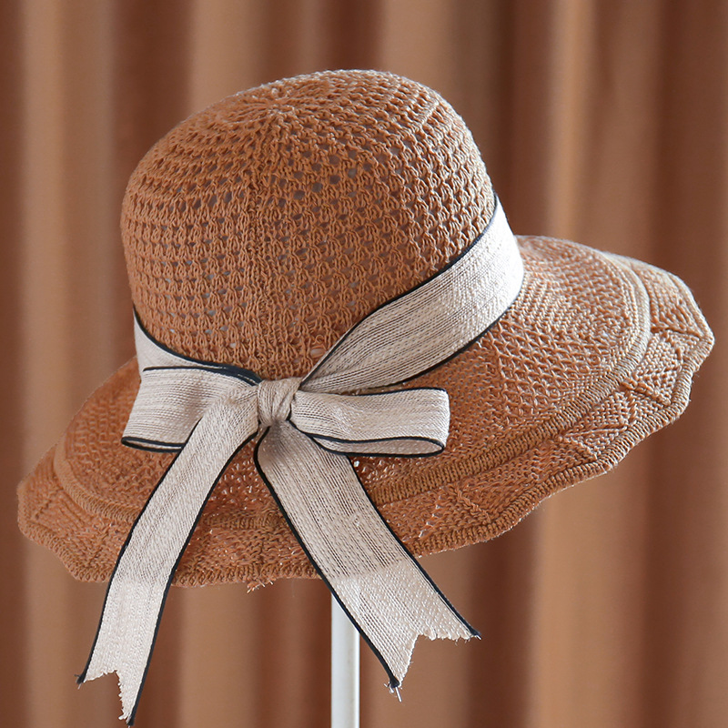Spring Summer Cotton Knitted Bow Sun Hats Ladies Shade Straw Hat Breathable Big Brim Basin Hat Sunscreen Beach Caps