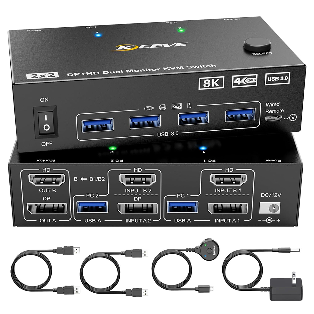 8k kvm switch 8k @ 60hz 4k @ 144hz kvm switch med 2 porte 2 skærme 2 computere hdmi-kompatibel+dp usb 3.0 switch udvidelsesskærm: Sort