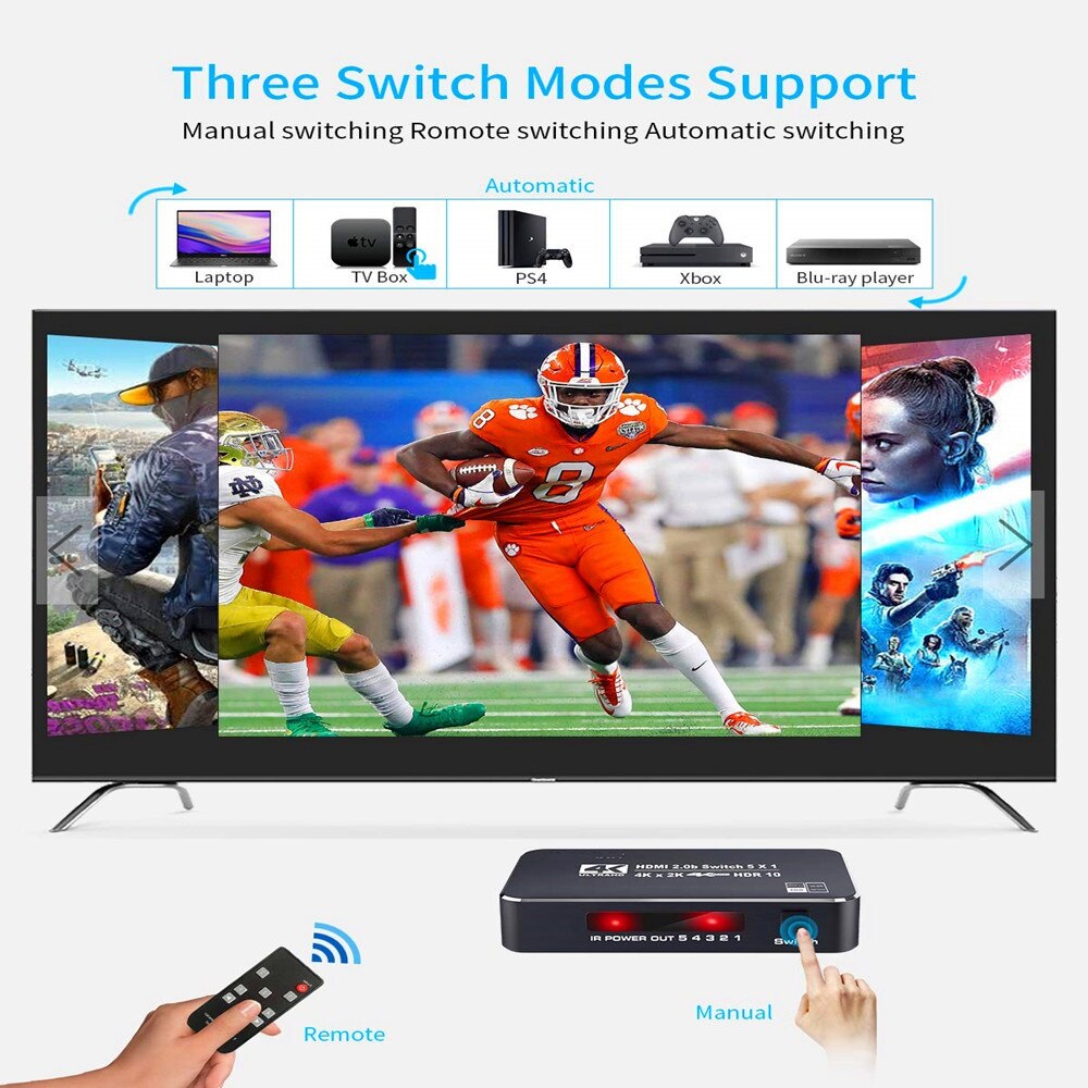 4K HDR HDMI Switch,5 Ports 4K 60Hz HDMI 2.0 Switcher Selector with IR Remote, Supports Ultra HD Dolby Vision