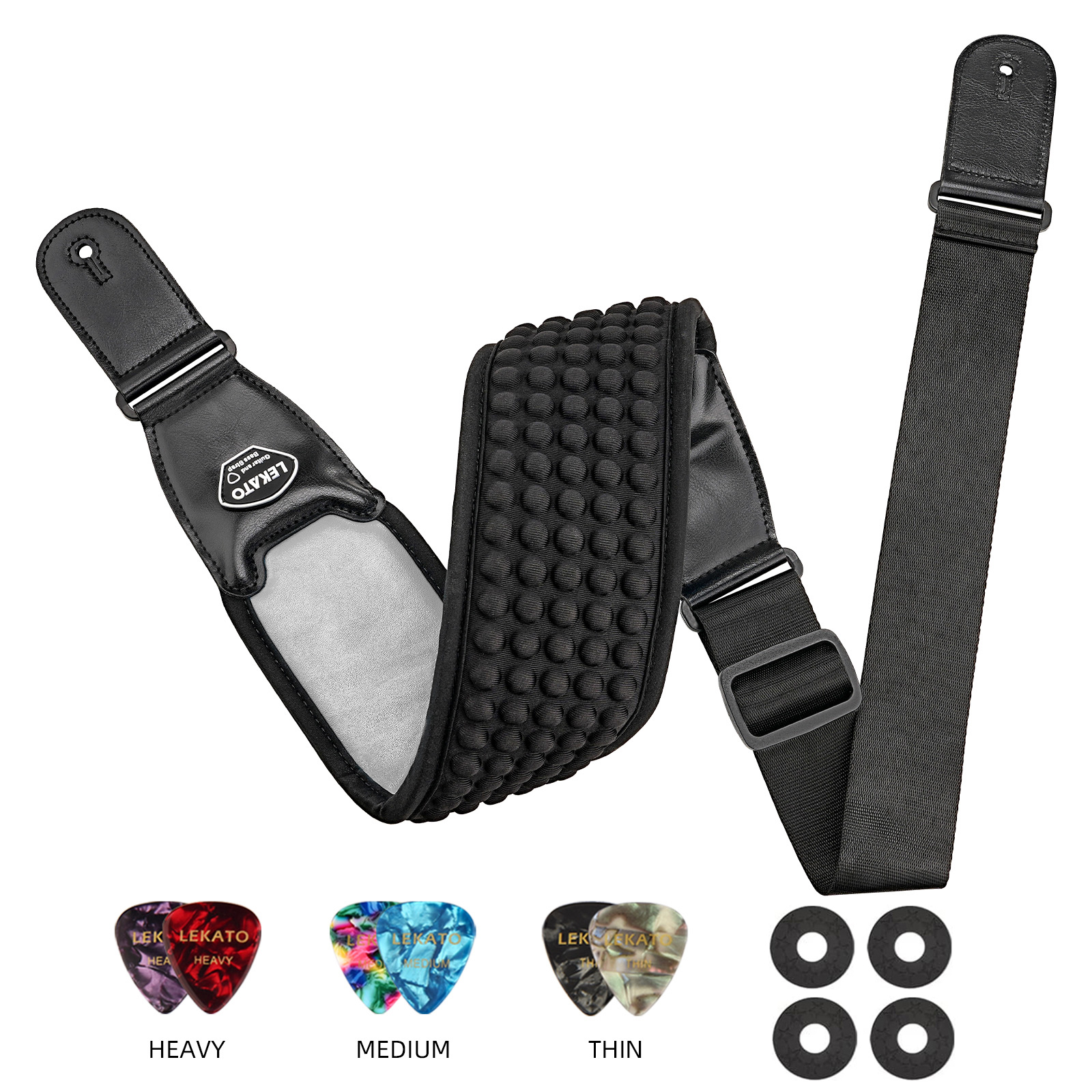 Lekato Gitaarband Riem 3d Spons LGS-1 Verstelbare Vulling Elektrische Gitaarband Basriem 3.5 "Breed Met 6 Plectrums: Light Grey