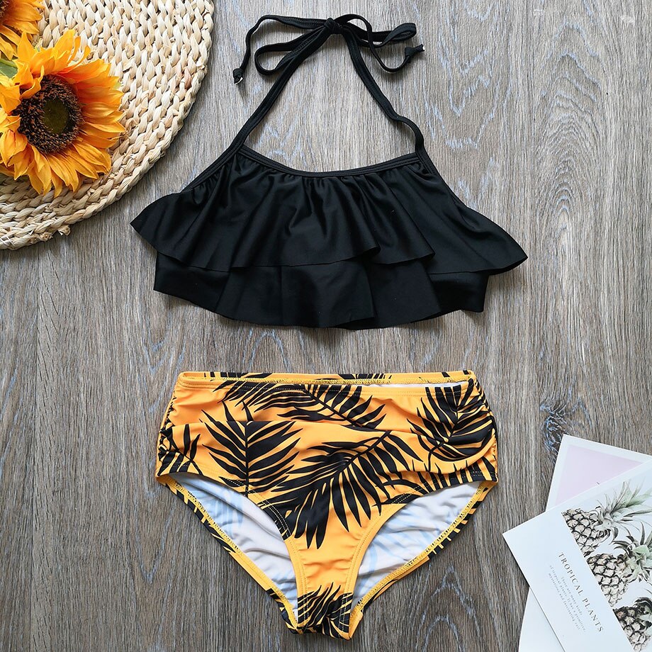 5-14 Years Girl Swimsuit Kids Swimwear Leaf Print Teenage Girl Bikini Halter Top Girls Bathing Suit Falbala Children's Swimwear: Black / 14