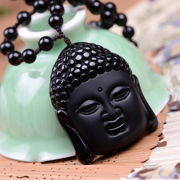 obsidian Vintage Necklace Black Buddha Head Pendant For women&men obsidian jewelry