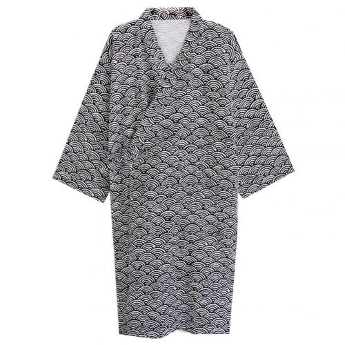 Men Printing Kimono Robe Sleepwear Nightgown Loose Mid Length Bathrobe: black / L