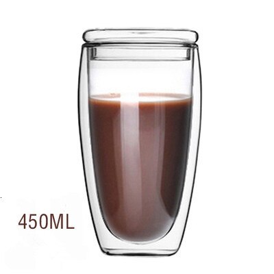 Dubbelwandige Glas Dubbeldeks Glas Mokken Met Deksel Bodum Draaglijk Wijn Bier Glas Ei Vormige koffie Thee Cup: 450ML