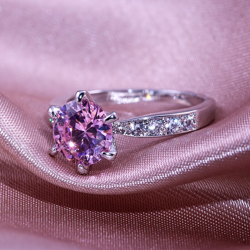 Caoshi Romantische Ronde Roze Kristallen Stenen Ringen Voor Vrouwen Prong Instellen Paar Eternity Sieraden Mooie