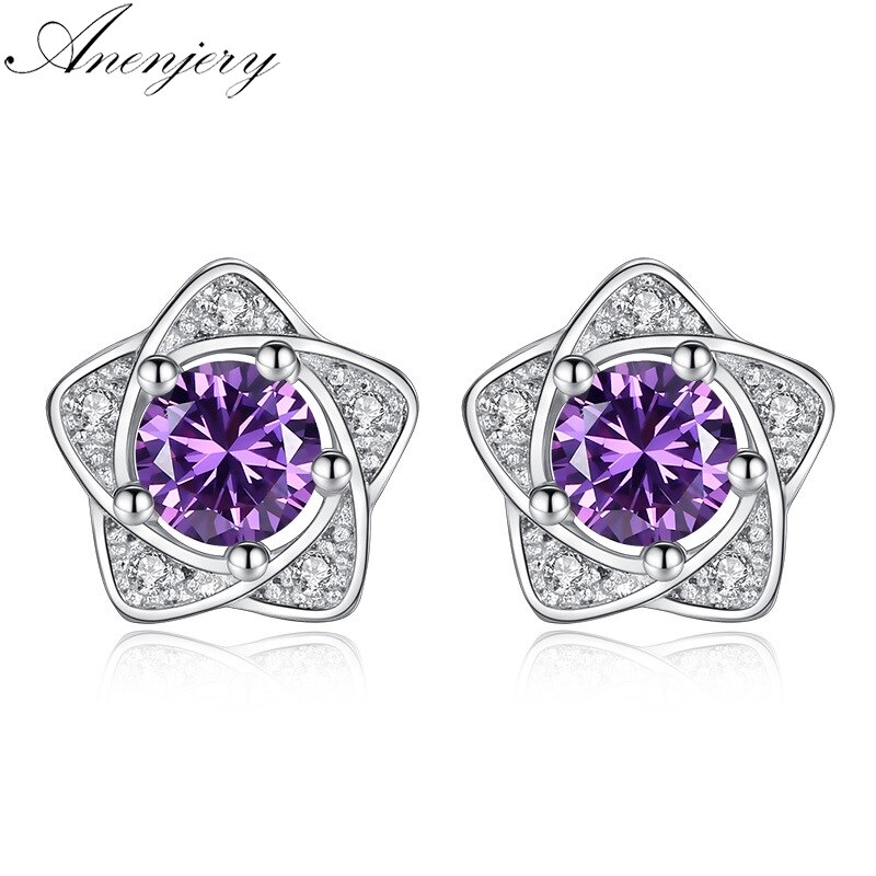 Anenjery Heißer Silber Farbe Mikro CZ Sterne Lila Weiß Zirkon Ohrringe Für Frauen boucle d'oreille S-E586