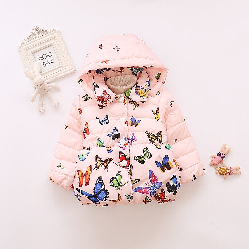Autumn Winter Toddler Baby Girls Coat Children Kids Cotton Warm Jacket Girls Butterfly Print Hooded Children Cotton Jacket: pink / 3T
