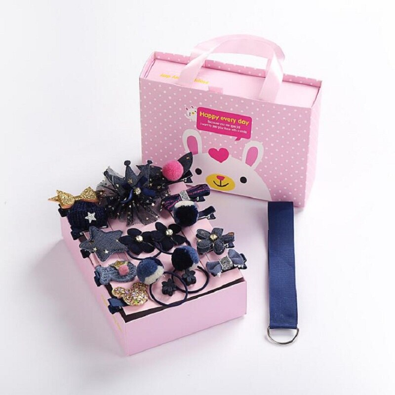 18 st baby hårklämma söt tecknad glitter kanin prinsessa krona hårspänne huvudbonad band rosett hårnålar blomma håraccessoarer: Marinblå box