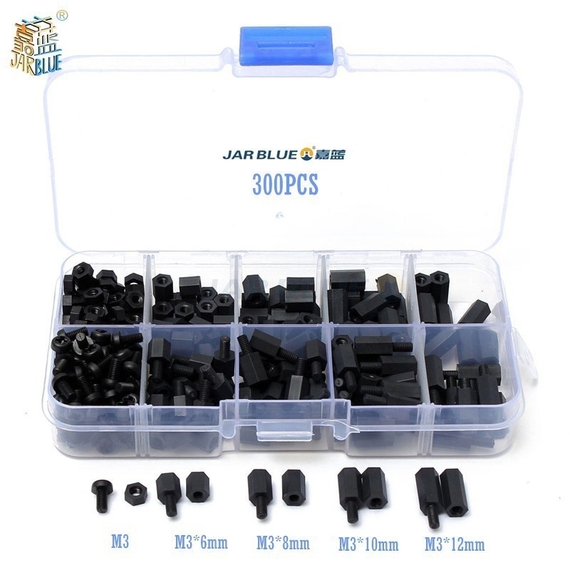 300Pcs M3NH1 M3 Nylon Schroef Wit/Zwart Hex Nylon Standoff Spacer Kolom Platte Kop Nylon Plastic Afstand Schroeven noten