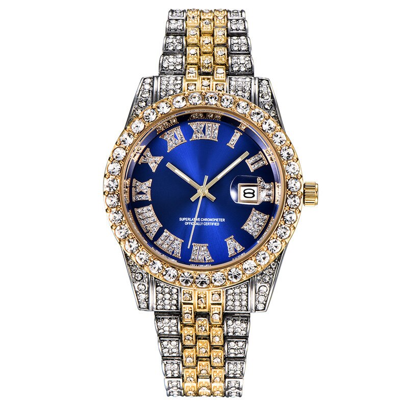 Alliceonyou Goud Zilver Kleur Zirconia Horloges Hip Hop Mode Diamanten Armband Roestvrij Staal Voor: Blue