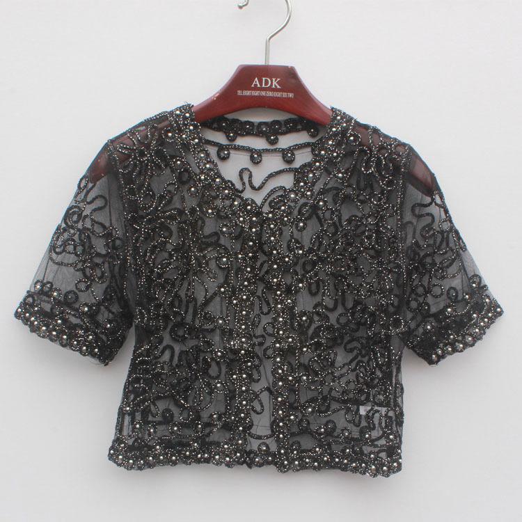 Femmes basique manteau broderie ruban perle embelli à manches courtes Cardigan transparent dentelle maille boléro Top veste: black / L