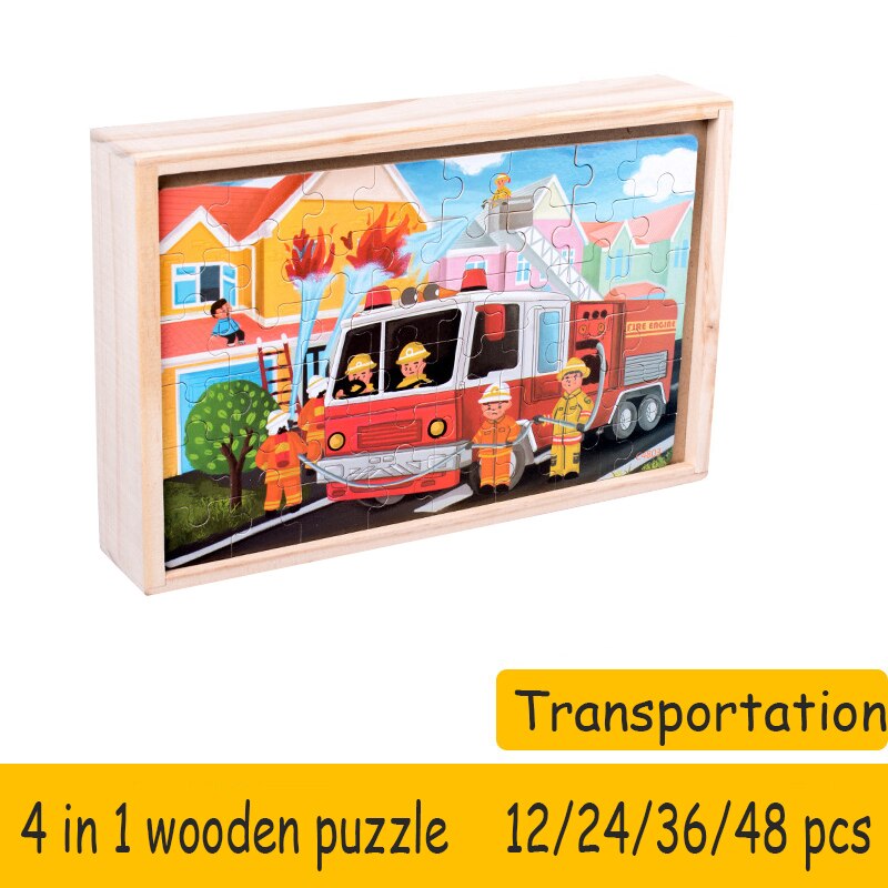 WYW – Puzzle 4 en 1 en bois pour enfants, avec boîte de rangement, grand modèle exquis, jouet Parent-enfant: Vehicle opp