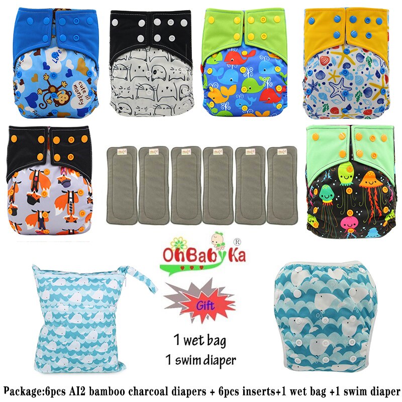 Ohbabyka AI2 wiederverwendbar Tuch Windeln für Mädchen, einstellbare Waschbar Windel 6 stücke + 6 stücke Bambus Holzkohle Einsätze + nass Tasche + Schwimmen Windel: 101