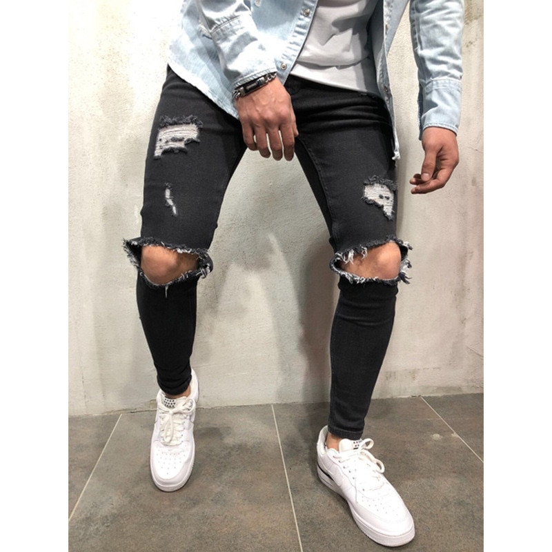 Streetwear Homme jean Vintage bleu gris couleur maigre détruit déchiré jean cassé pantalons décontractés Homme Hip Hop jean Homme