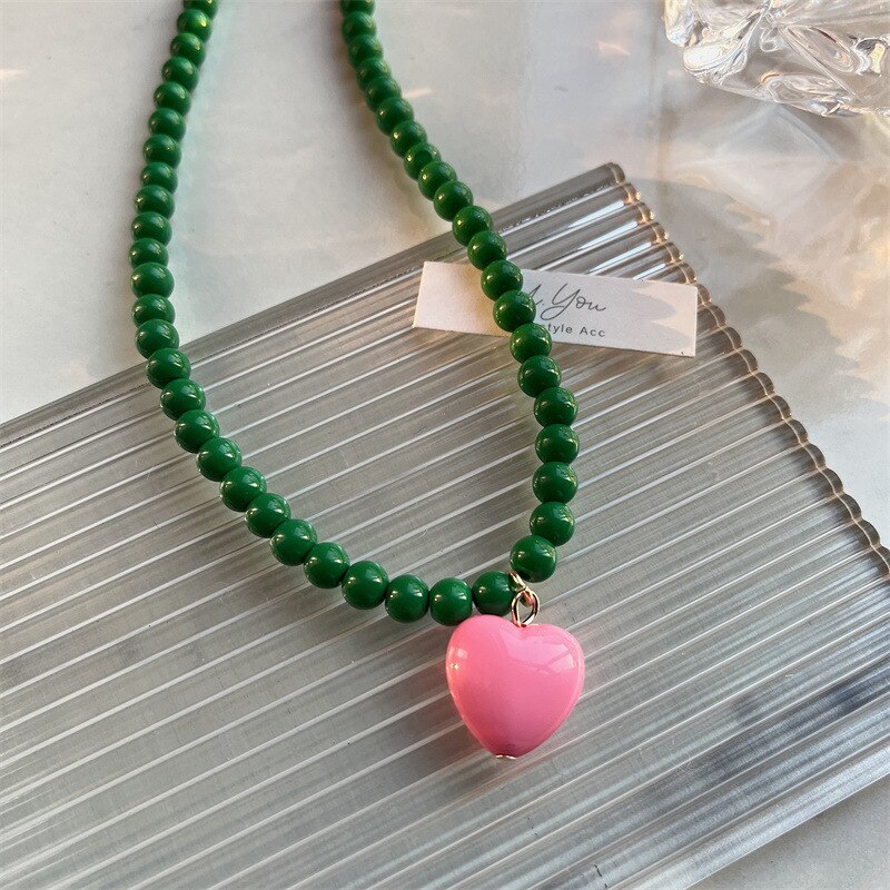 Moda colorata carino perla girocollo collari da donna amore cuore ciondolo collana moda accessori gioielli femminili: green