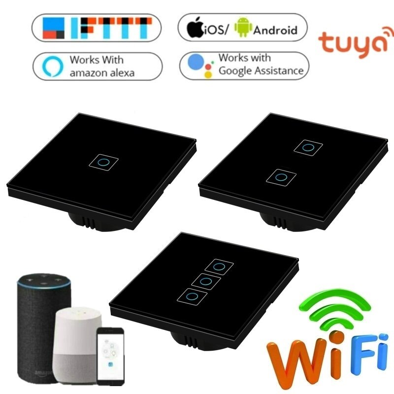 1/2/3 Gang Wireless Wifi Smart Wall Switch Tempered Glass Light Switch APP Control Voice Control Work For Alexa Google Home