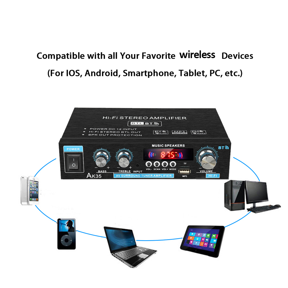 AK35 Stereofoniczny wzmacniacz mocy audio HiFi zgodny z Bluetooth z USB TF RCA AUX In + Remote