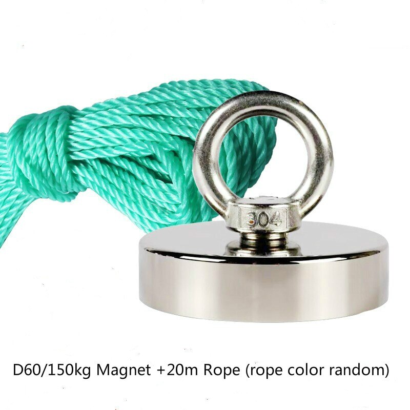 Imanes de pesca D60 con opción de cuerda de 10m, Material magnético de 150Kg, imán permanente de neodimio N52 fuerte, Perno redondo grueso: D60 and 20m Rope