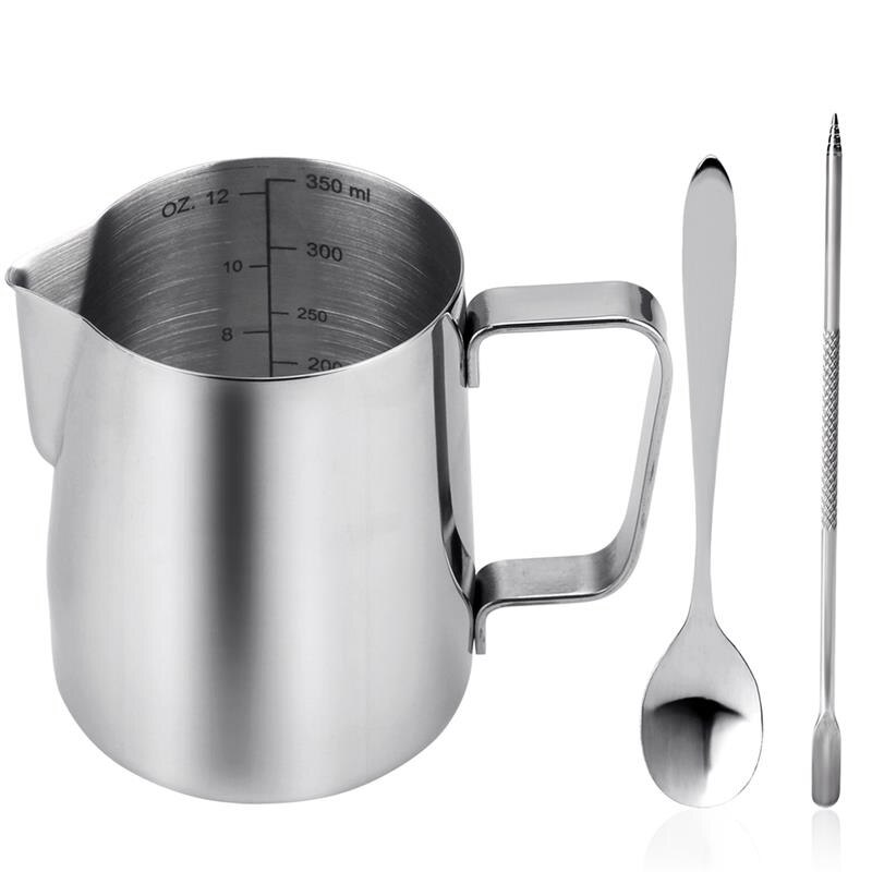 4 stuks koffieaccessoires: 58mm roestvrijstalen koffietampers met 12oz opschuimers, een koffielepel en een latte art-pen