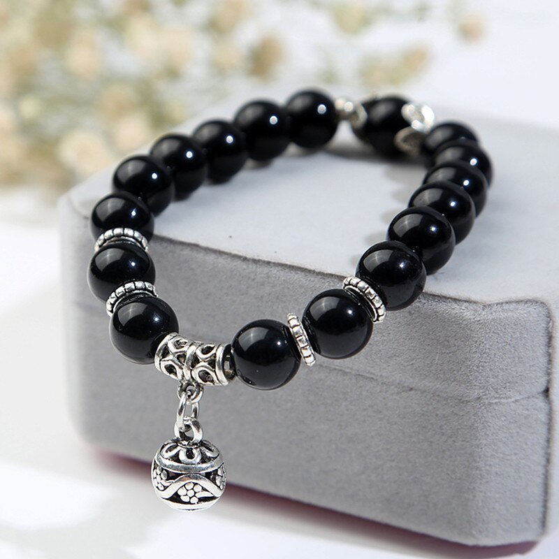 Natural Opal Beads Bracelets Crystal Women Bracelet Vintage Stainless Steel Braceletes For Women: black