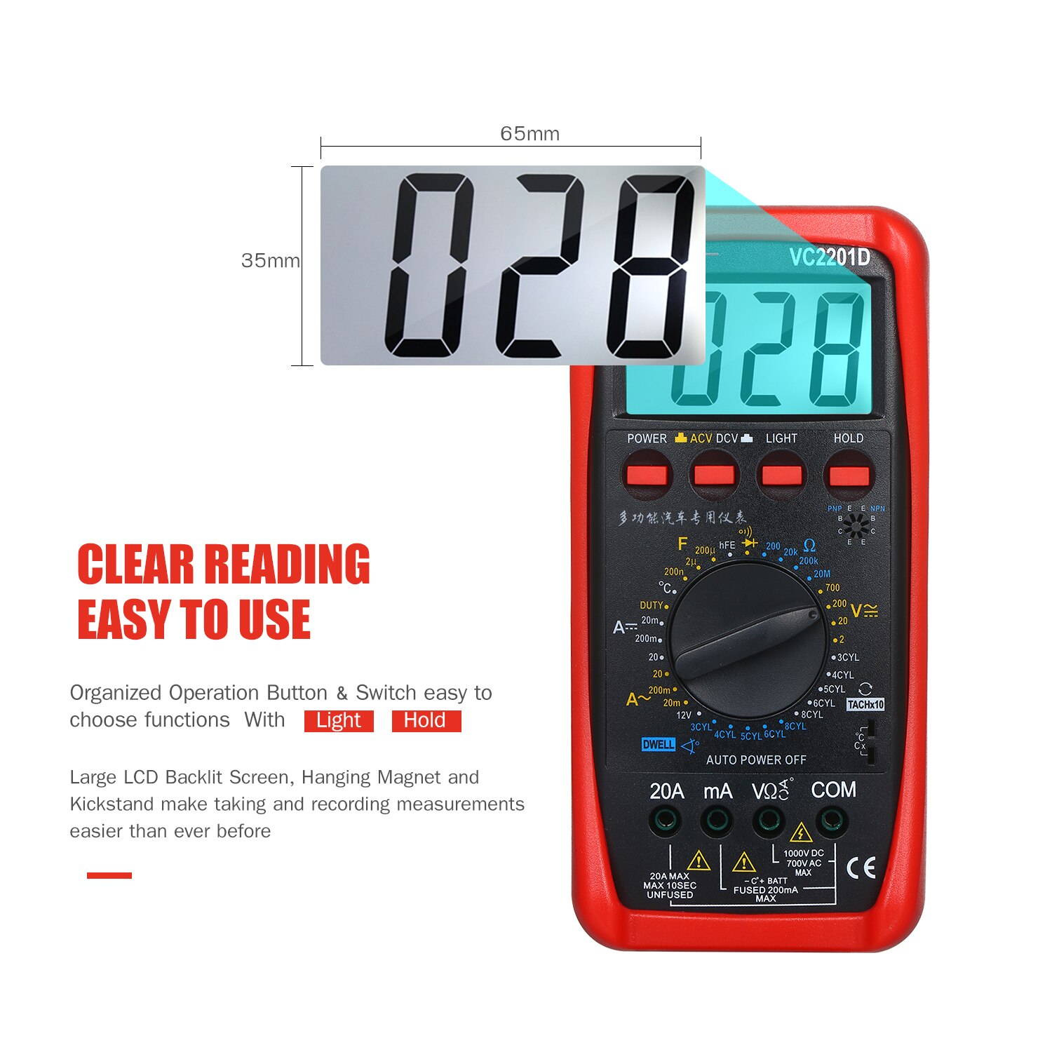 Digital multimeter bilmåler tester med batteri alligator clips testledninger ac/dc voltmeter amperemeter ohmmeter test