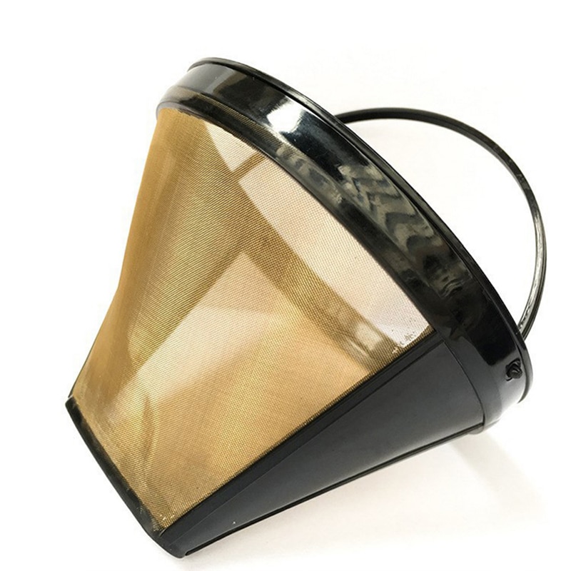 Cone-Style Reusable Coffee Filter 10-12 Cup Permanent Coffee Maker Machine Filter Gold Mesh with Handle Cafe Coffees Tools