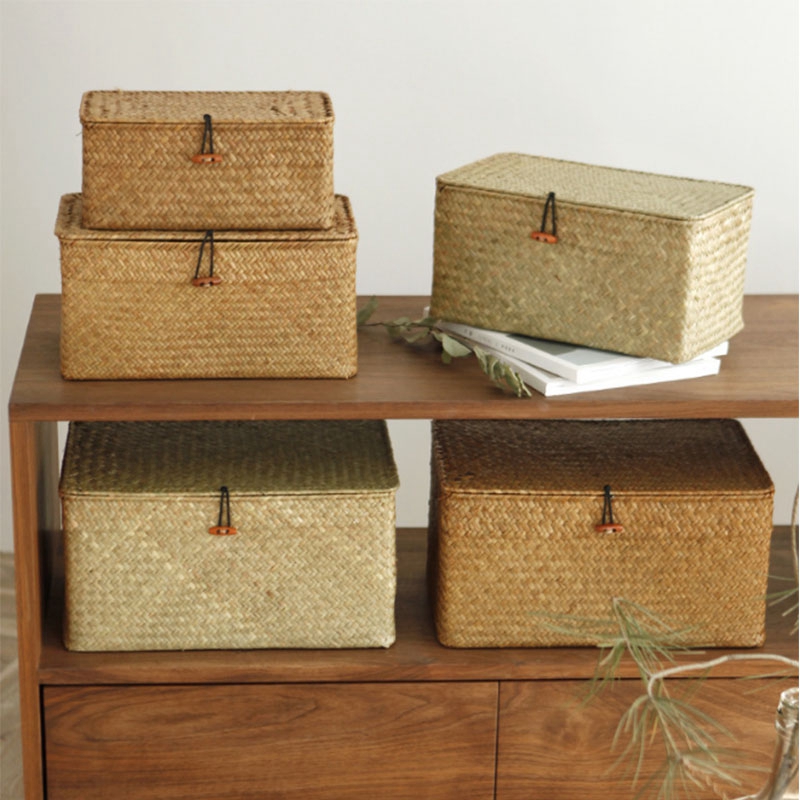 Cesta de almacenamiento tejida con tapa, cestas de almacenamiento de algas marinas para el hogar, cajas de juguetes para artículos diversos a prueba de polvo, organizador, decoración del hogar