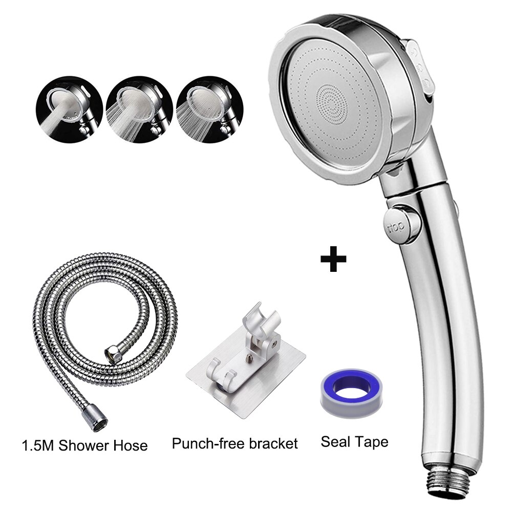Bathroom Shower Head Stop Button High Pressure 3 Spary Setting Rainfall Jetting 360 degree Adjustable Hand Shower Head: Silver set