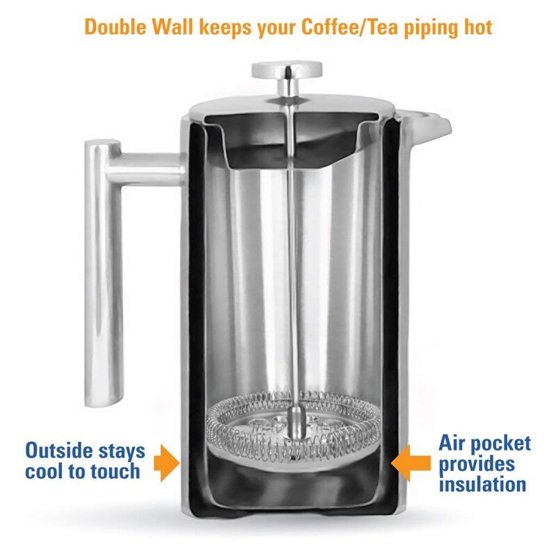 Stainless Steel French Press Coffee Maker | Double Walled Insulated Coffee & Tea Brewer Pot & Maker | Keeps Brewed Coffee or T